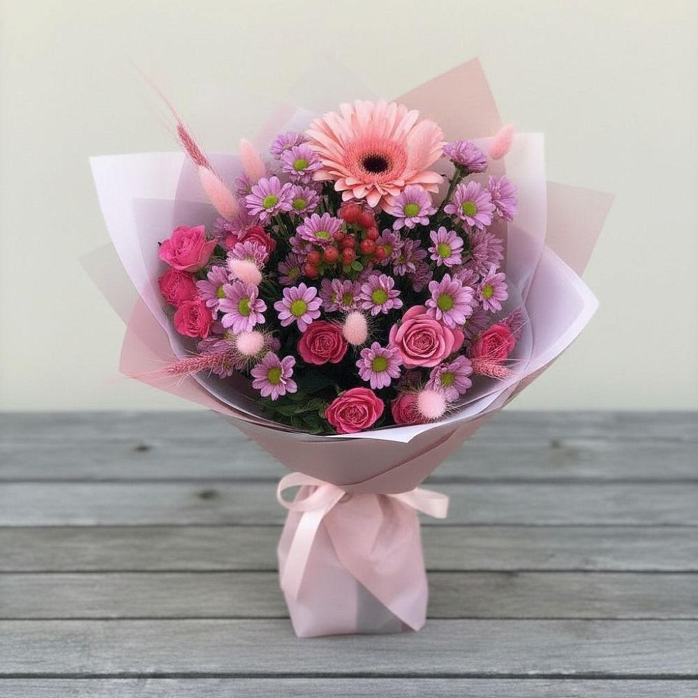 Букет цветов из: Розы, Герберы и Хризантемы в Нюрбе