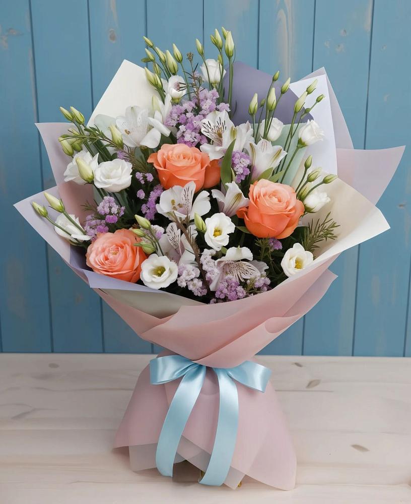 Букет цветов из: Лизиантусы, Розы, Альстромерии и Гипсофила в Нюрбе