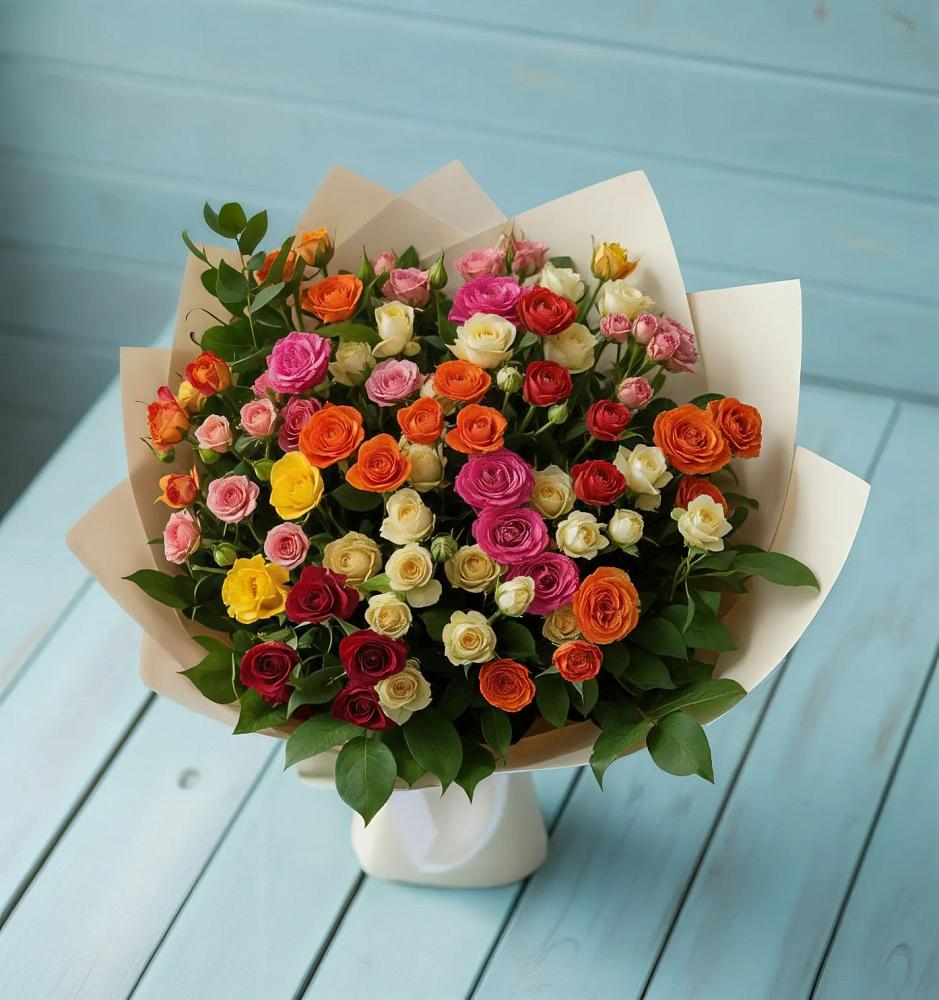 Букет Микс из разноцветных кустовых роз в Нюрбе